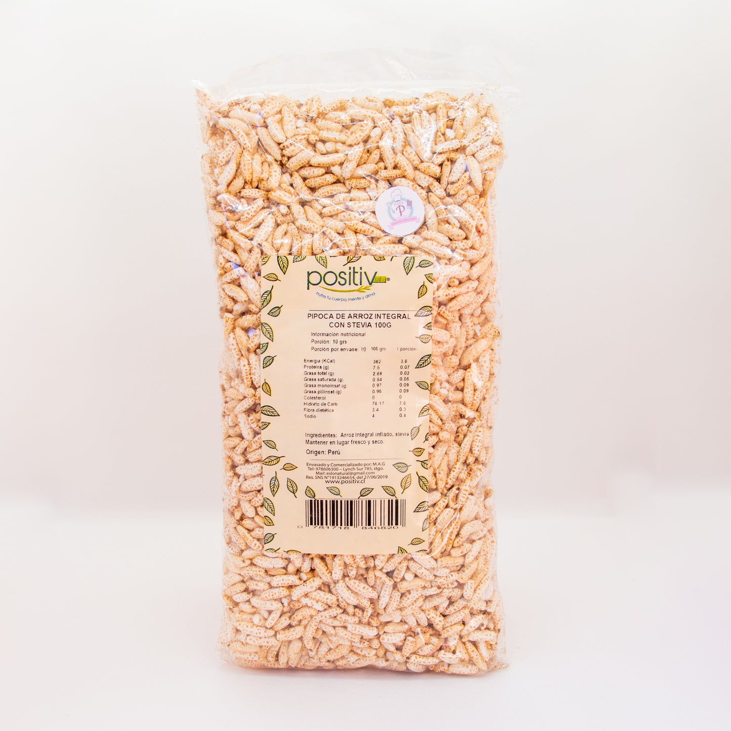 Pipoca de arroz integral endulzado con stevia pura "Positiv" - 100gr